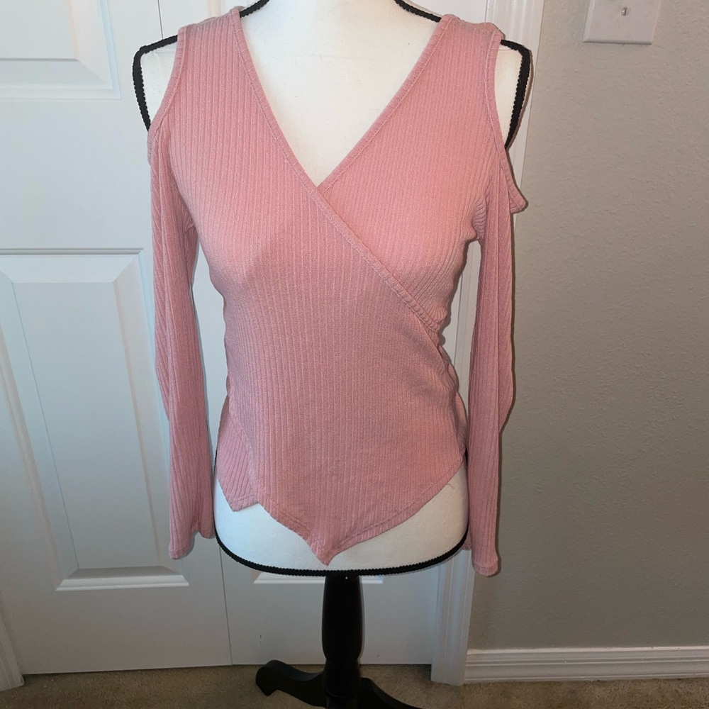 Papaya Dusty Pink Ribbed Cold-Shoulder Wrap Top